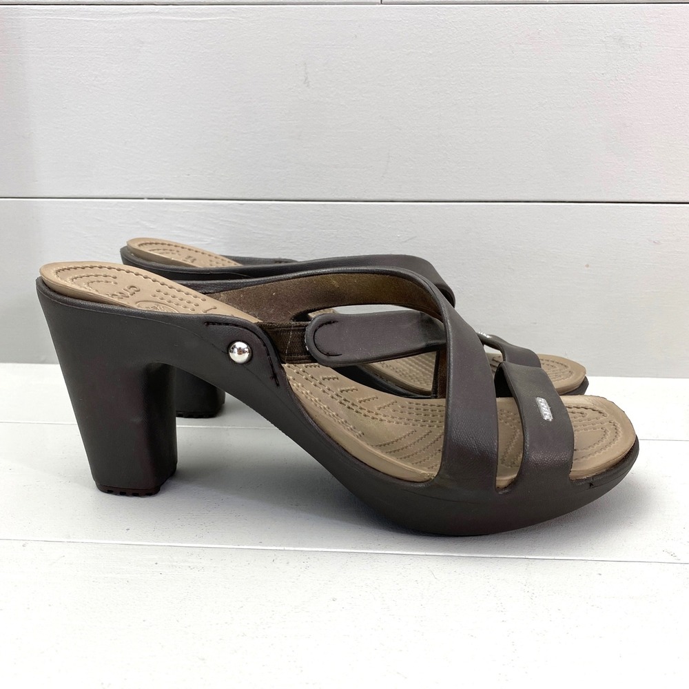 Crocs Cyprus IV High Heel Sandals Womens 11 Espresso Brown Strappy Comfort 14550